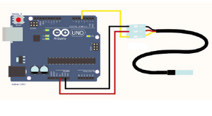 Waterproof DS18B20 Temperature Sensor - connected to an Arduino Uno board via a three-pin terminal block with black, red, and yellow wires.