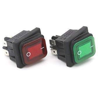 Waterproof Latching Rocker Toggle Switch AC250V 30A KCD4 T85 - shown as two rectangular switches, one with a red cover and one with a green cover.
