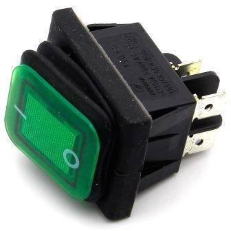 Waterproof Latching Rocker Toggle Switch AC250V 30A KCD4 T85 - a black rectangular rocker switch with a green illuminated button and metal terminals.