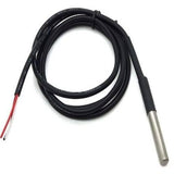 Waterproof LM35 Temperature Sensor - a silver metal probe attached to a long black cable with red, white, and black exposed wire ends.