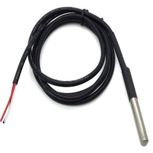 Waterproof LM35 Temperature Sensor - a silver metal probe attached to a long black cable with red, white, and black exposed wire ends.