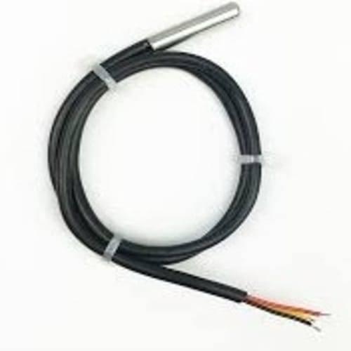 Waterproof LM35 Temperature Sensor - shown as a silver metal probe attached to a long black cable with three exposed wire ends.