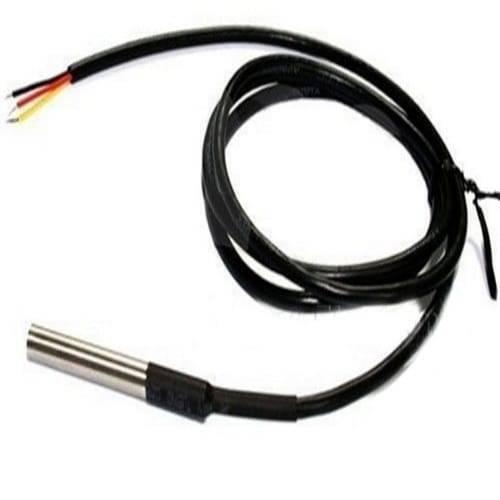 Waterproof LM35 Temperature Sensor - a silver metal probe attached to a long black cable with three exposed wire leads at the end.