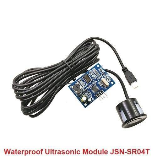 Waterproof Ultrasonic Sensor JSN-SR04T Distance Measuring Transducer Sensor For Arduino - a blue circuit board with a four-pin header connected by a long black cable to a cylindrical sensor head.