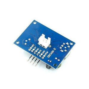 Waterproof Ultrasonic Sensor JSN-SR04T Distance Measuring Transducer Sensor For Arduino - a blue rectangular circuit board featuring a white connector, four metal pins, and printed labels including SR04M-2.