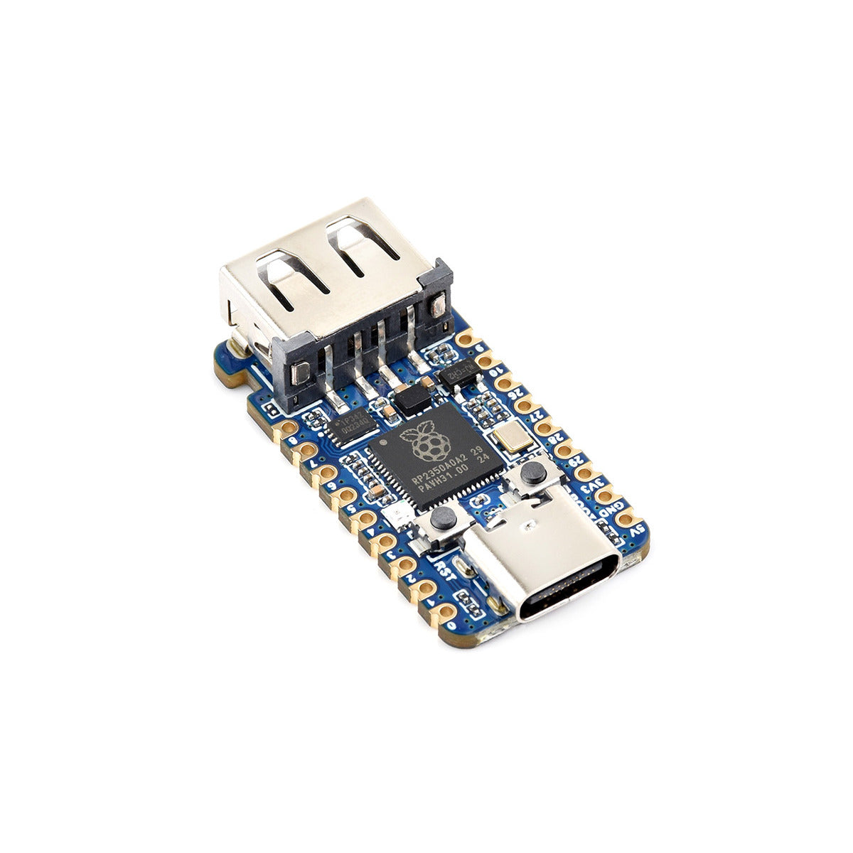 Waveshare RP2350-USB-A mini development board at an angle, showing the USB Type-A host port, RP2350A chip and USB-C connector.