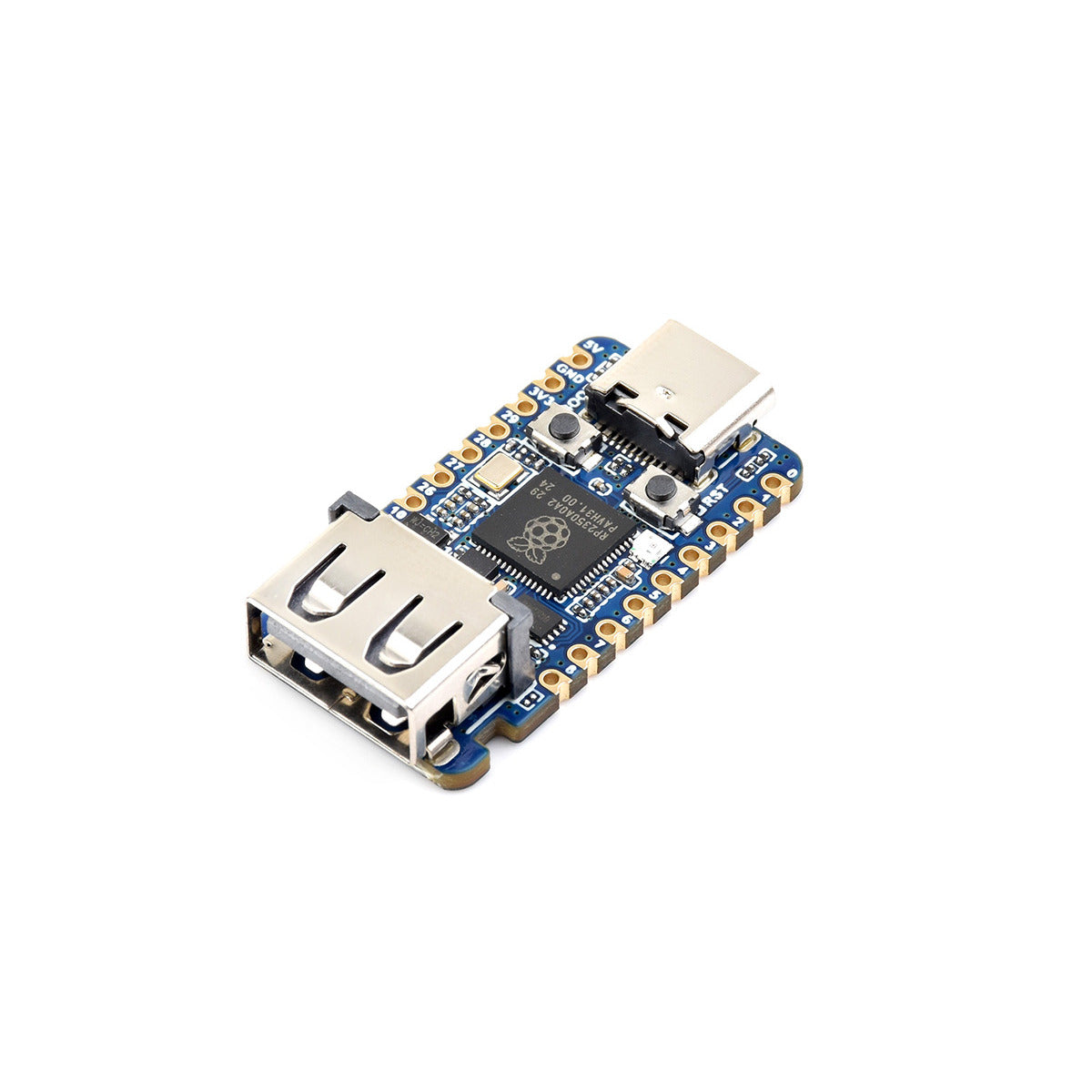 Reverse angle of the Waveshare RP2350-USB-A board with its castellated pads, BOOT and RESET buttons visible.