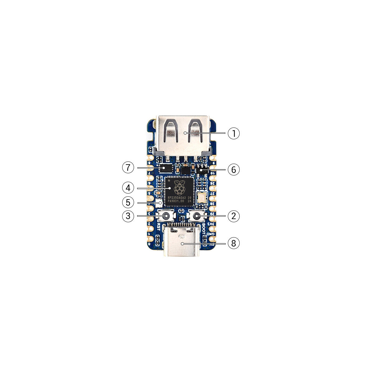 Labelled diagram of the RP2350-USB-A development board identifying the USB Type-A port, buttons, RP2350A chip and USB-C connector.