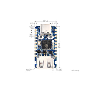 Dimension drawing of the RP2350-USB-A mini development board measuring 33.0 x 17.5 mm with 2.54 mm pin pitch.