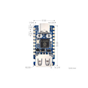 Waveshare RP2350-USB-A Mini Development Board – RP2350A, USB-A Host Port, 520 KB SRAM - the blue circuit board with a USB-C port, USB-A port, and two buttons.