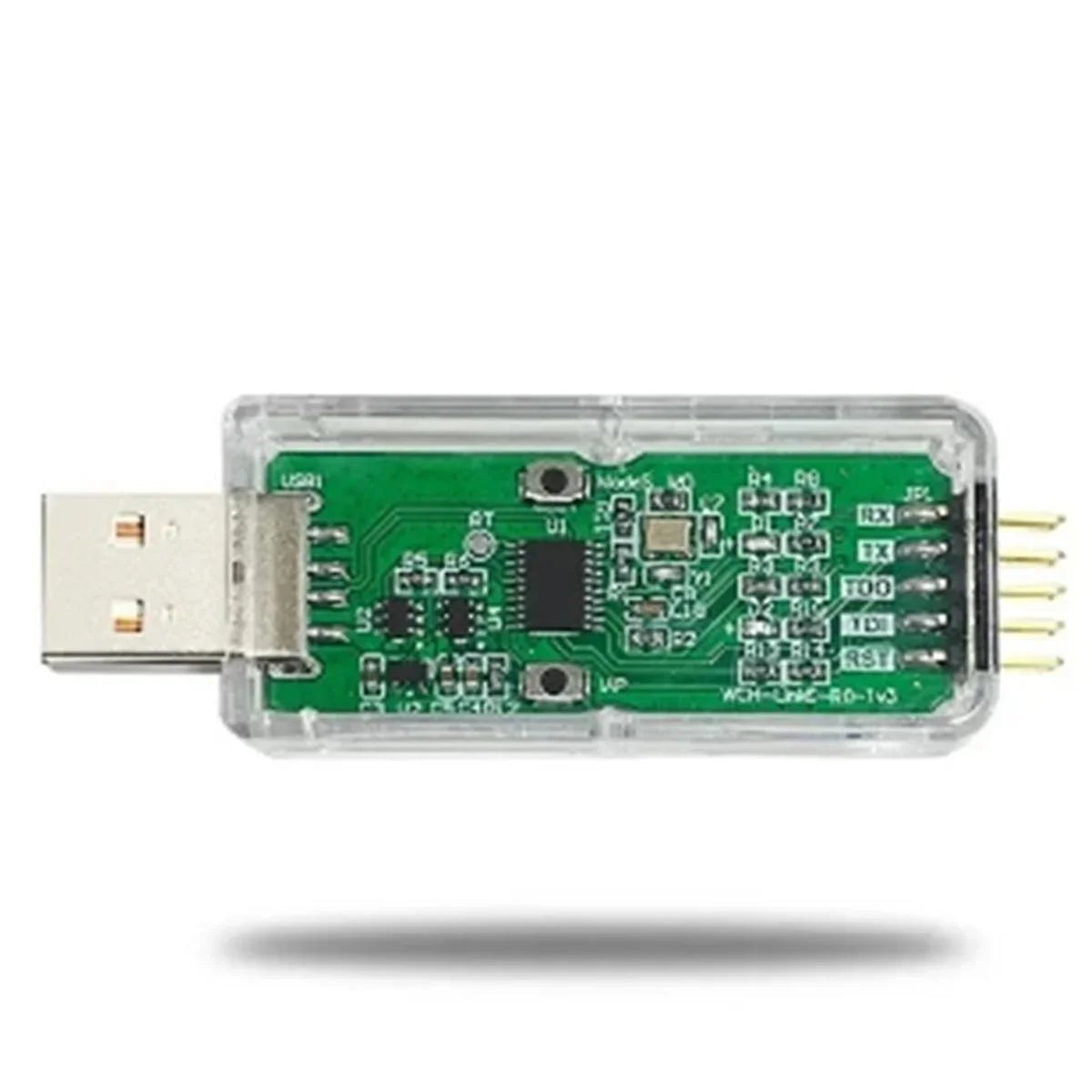 WCH LinkE CH32V003 EVT MCU Download Debugger RISC-V Architecture MCU/SWD Interface ARM Chip 1 Serial Port to USB Channel - a green circuit board with a USB-A connector, a central black chip, two buttons, and a six-pin header in a clear case.