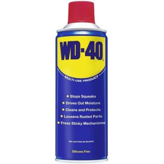 Wd-40 330 ML Lubricant - a blue and yellow cylindrical aerosol spray can with a red cap, featuring product text and bullet points on the front.