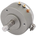 WDD35D4 5k Ohm 2W Continues Potentiometer Angle Sensor Displacement Sensor Variable Resistor - a silver, cylindrical angle sensor featuring a central rotating shaft, three gold-colored terminals, and a metal mounting bracket.