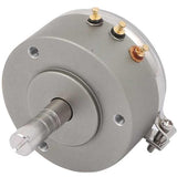 WDD35D4 5k Ohm 2W Continues Potentiometer Angle Sensor Displacement Sensor Variable Resistor - a silver, cylindrical angle sensor featuring a central rotating shaft, three gold-colored terminals, and a metal mounting bracket.