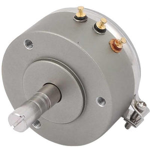 WDD35D4 5k Ohm 2W Continues Potentiometer Angle Sensor Displacement Sensor Variable Resistor - a silver, cylindrical angle sensor featuring a central rotating shaft, three gold-colored terminals, and a metal mounting bracket.