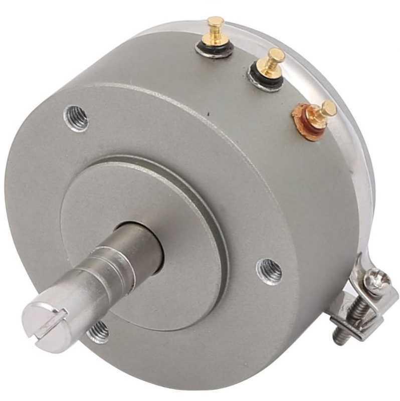 WDD35D4 5k Ohm 2W Continues Potentiometer Angle Sensor Displacement Sensor Variable Resistor - a silver, cylindrical angle sensor featuring a central rotating shaft, three gold-colored terminals, and a metal mounting bracket.