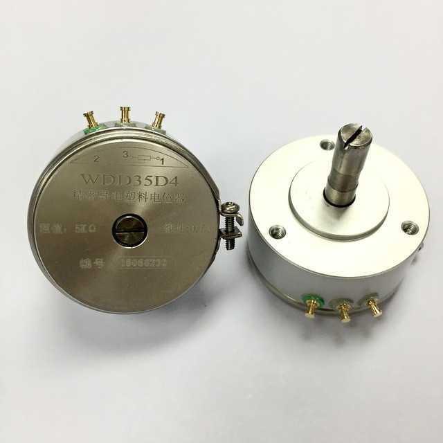 WDD35D4 5k Ohm 2W Continues Potentiometer Angle Sensor Displacement Sensor Variable Resistor - two silver-colored circular units with three top-mounted gold pins and a central rotating shaft on one side.