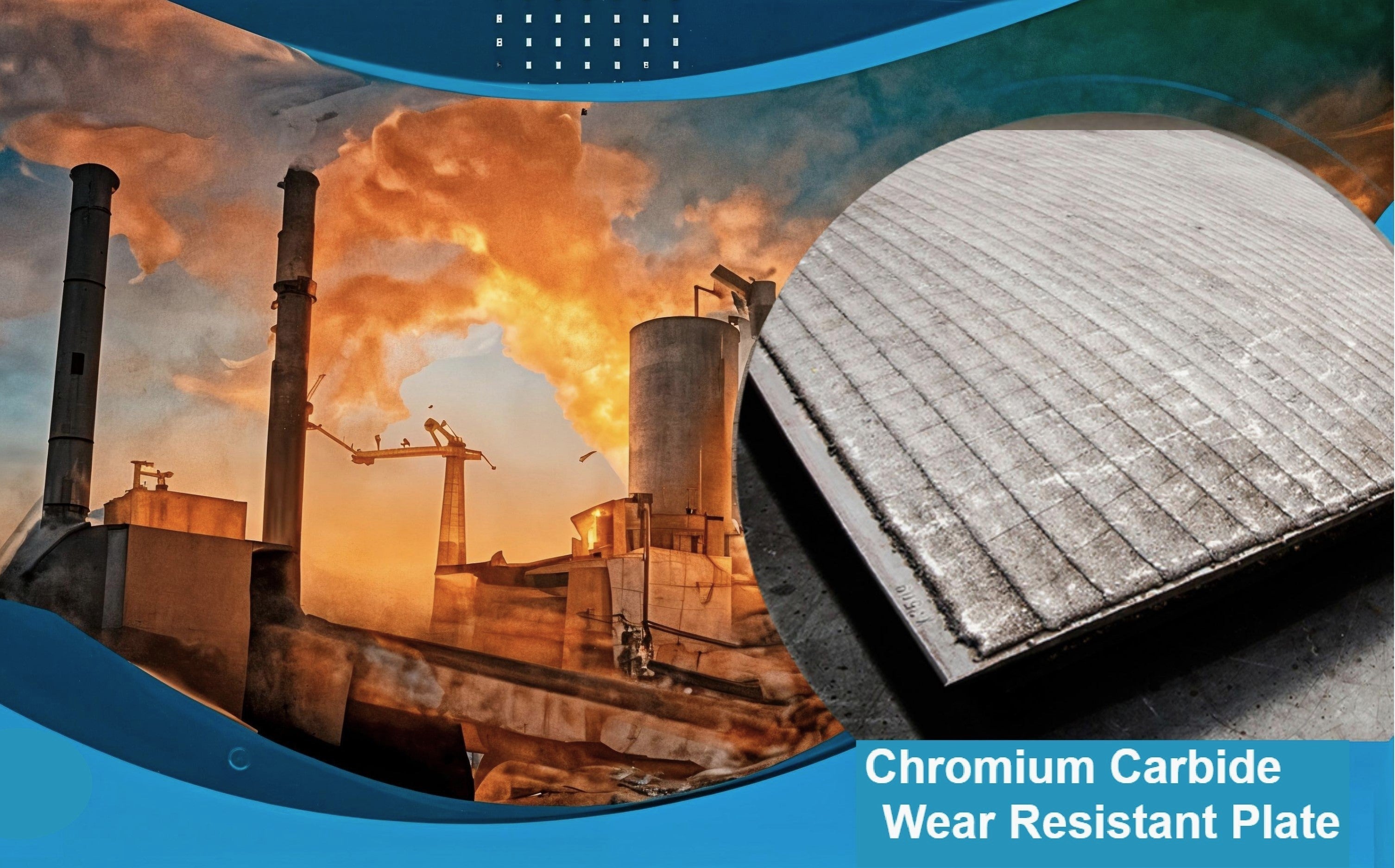wear resistant industrial abrasion plate - shown in a split-view image featuring an industrial facility on the left and a close-up of the metal plate on the right.