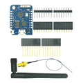 Wemos D1 Mini Pro With External Antenna - shown as a kit including a blue development board with a micro-USB port, two pin headers, and an antenna cable.