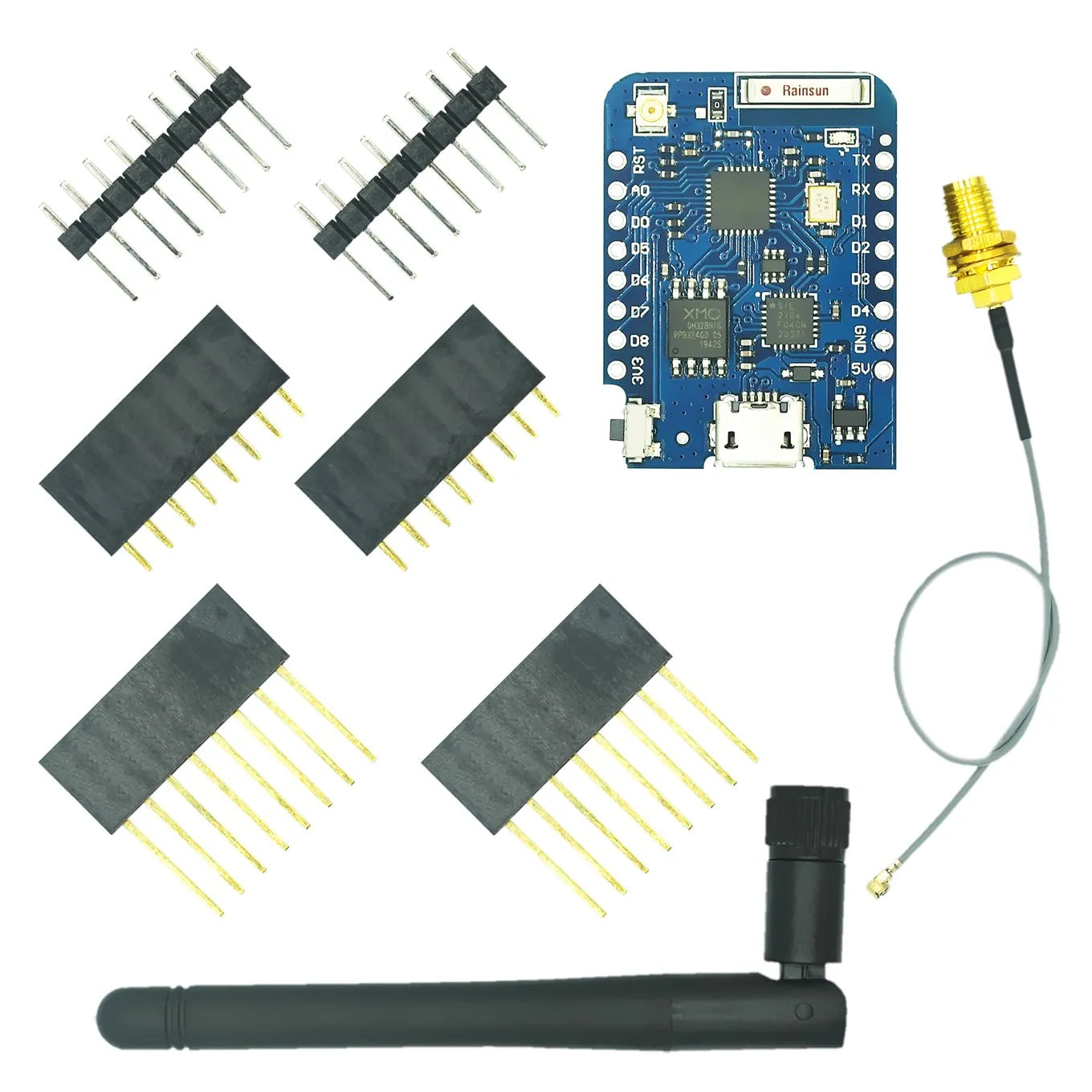 Wemos D1 Mini Pro With External Antenna - a blue development board with a micro-USB port, pin headers, a gold antenna connector, and an antenna.