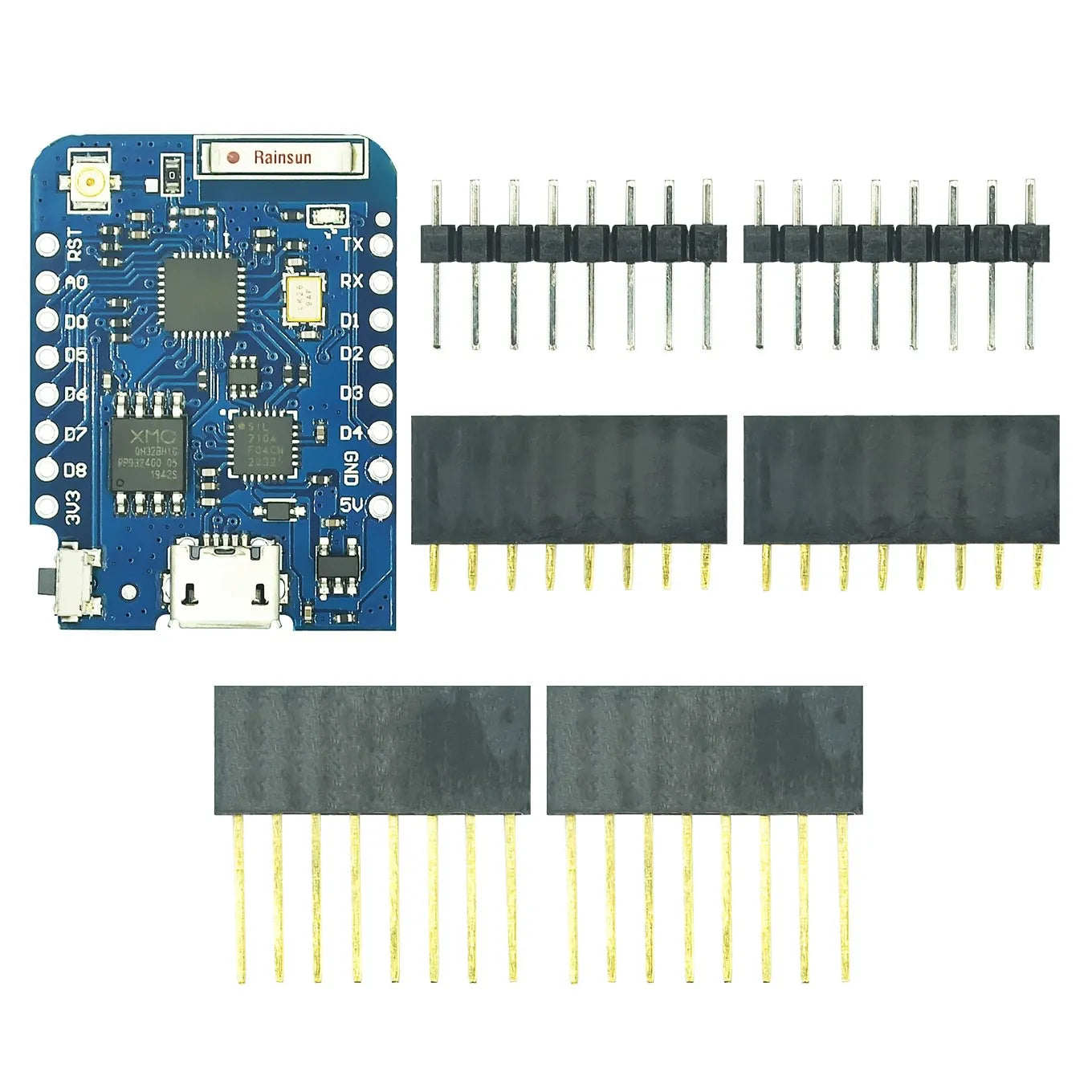WEMOS D1 Mini Pro With External Antenna Connector Without Antenna - shown with a blue circuit board, a micro-USB port, and four sets of header pins.