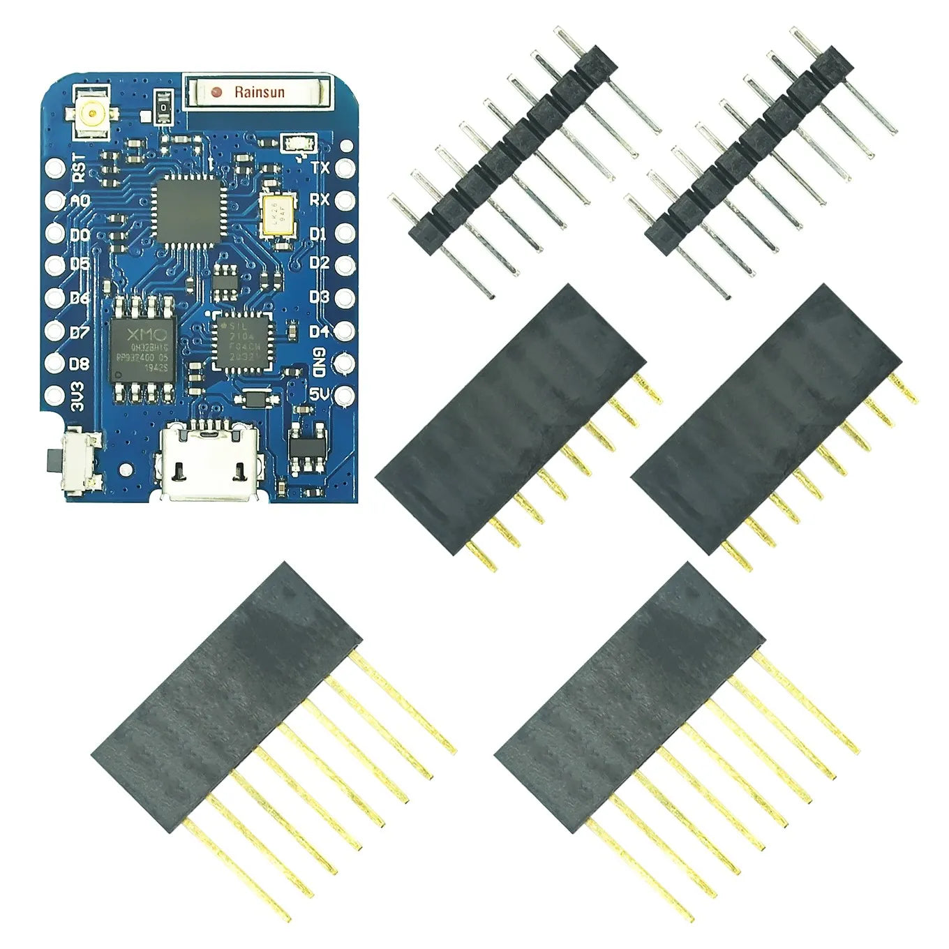 WEMOS D1 Mini Pro With External Antenna Connector Without Antenna - shown with two male and two female header pin strips on a white background.