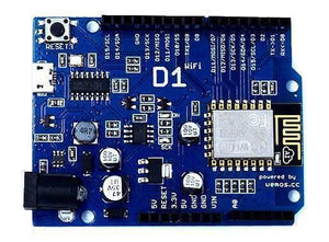 Wemos D1 R1 WiFi ESP8266 Development Board - a blue rectangular circuit board featuring a WiFi module, a micro USB port, a DC power jack, and pins.