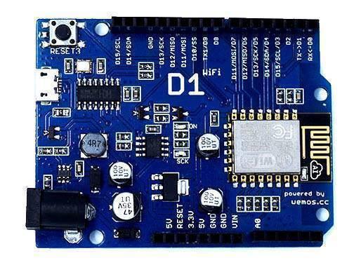 Wemos D1 R1 WiFi ESP8266 Development Board - a blue rectangular circuit board featuring a WiFi module, a micro USB port, a DC power jack, and pins.