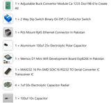 WEMOS D1 With MAX232 and parts - a list of electronic components including a buck converter, dip switch, RJ45 connector, and various capacitors.