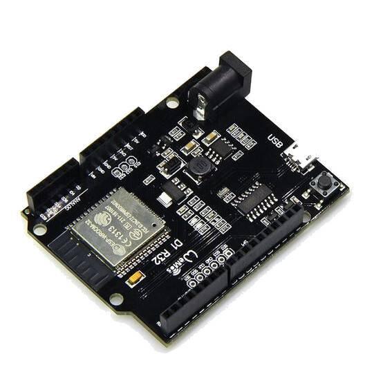 Wemos ESP32 D1 R32 WiFi And Bluetooth Module - a black rectangular development board featuring a micro-USB port, a DC power jack, and pin headers.