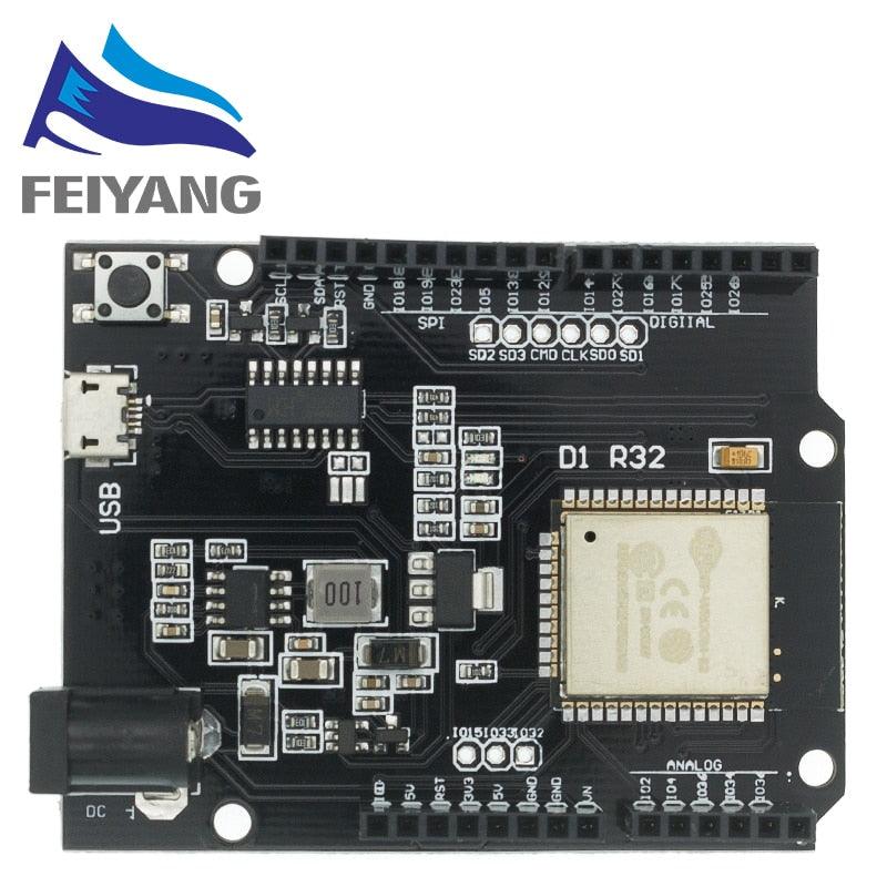 Wemos ESP32 D1 R32 WiFi And Bluetooth Module - a black rectangular development board featuring a USB port, DC power jack, and labeled pin headers.