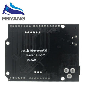 Wemos ESP32 D1 R32 WiFi And Bluetooth Module - the black underside of the circuit board with printed text and pin headers.