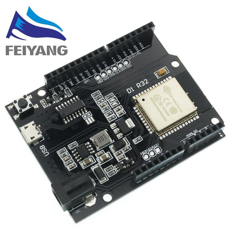 Wemos ESP32 D1 R32 WiFi And Bluetooth Module - a black development board featuring a micro-USB port, a DC power jack, a reset button, and pin headers for digital and analog.