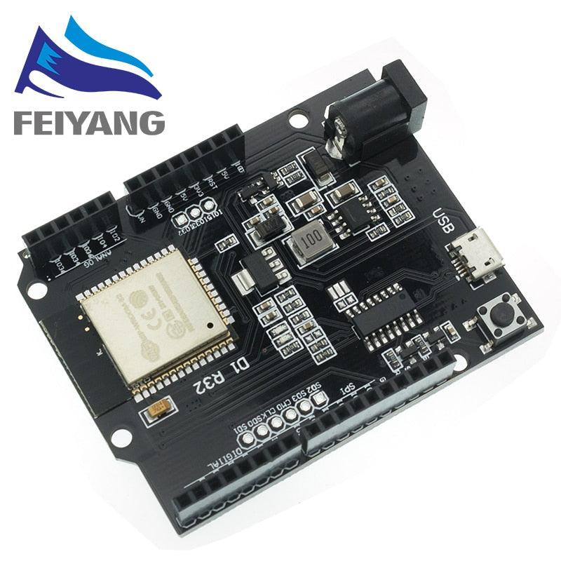 Wemos ESP32 D1 R32 WiFi And Bluetooth Module - a black circuit board featuring a micro-USB port, a DC power jack, a reset button, and pin headers.