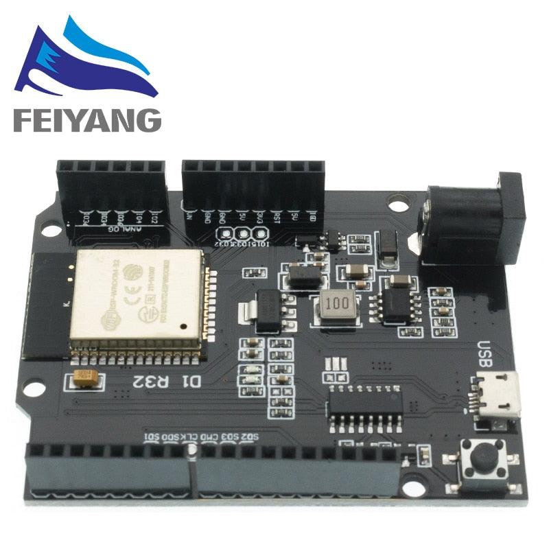 Wemos ESP32 D1 R32 WiFi And Bluetooth Module - a black rectangular development board featuring a micro-USB port, a power jack, and pin headers.