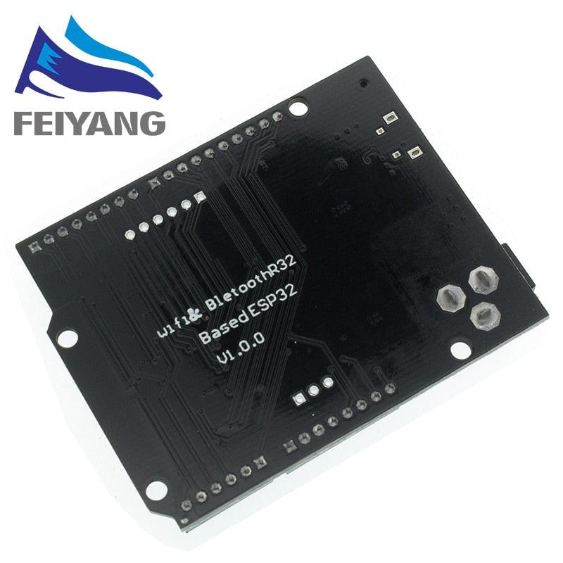 Wemos ESP32 D1 R32 WiFi And Bluetooth Module - a black printed circuit board showing the text "Wifi & BletoothR32 Based ESP32 V1.0.0" and header holes.