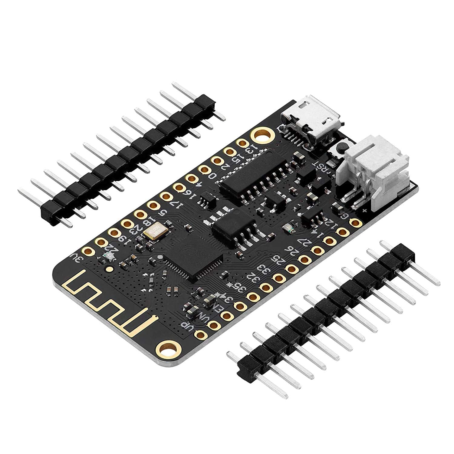 WEMOS LOLIN32 Lite ESP32 development Board price - a black PCB, a micro-USB port, a reset button, a battery connector, and two rows of header pins.