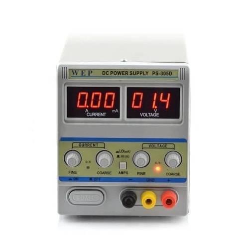Wep Digital Display DC Power Supply PS305D 30V 5A Variable Power Supply Lab Power Supply - a grey benchtop unit with two digital displays reading 0.00 and 01.4, control knobs, and three output terminals.
