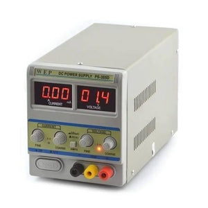 Wep Digital Display DC Power Supply PS305D 30V 5A Variable Power Supply Lab Power Supply - a grey benchtop unit with two digital displays showing 0.00 and 01.4, four control knobs, and three output terminals.