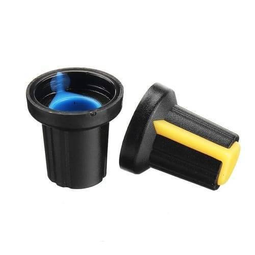 WH148 15x17mm 6mm Shaft Hole Plastic Potentiometer Amplifier Knob - two black plastic knobs with yellow indicators, one upright and one lying flat.