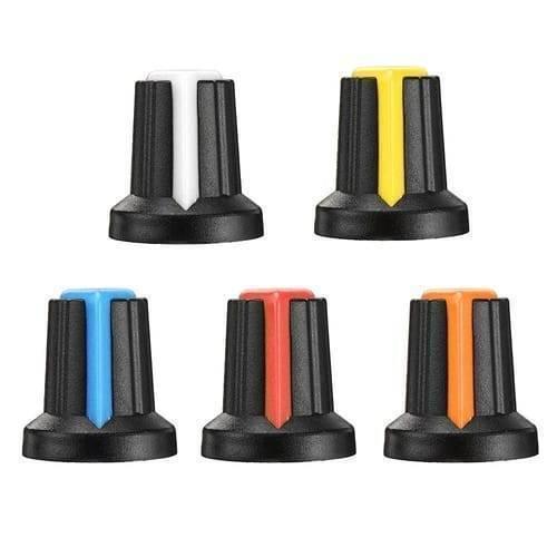 WH148 15x17mm 6mm Shaft Hole Plastic Potentiometer Amplifier Knob - five black knobs with white, yellow, blue, red, and orange indicator stripes.