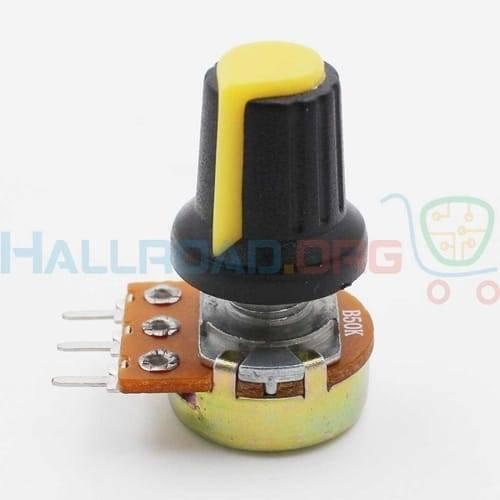 WH148 15x17mm 6mm Shaft Hole Plastic Potentiometer Amplifier Knob - a black and yellow knob attached to a B50K potentiometer with three metal pins.