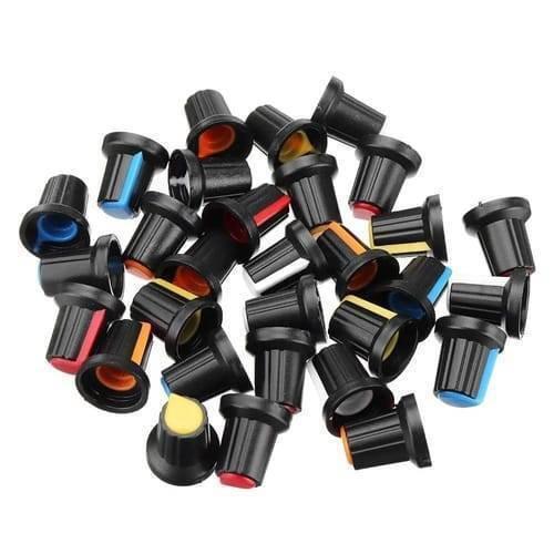 WH148 15x17mm 6mm Shaft Hole Plastic Potentiometer Amplifier Knob - shown as a pile of multiple black knobs with assorted coloured indicator caps.