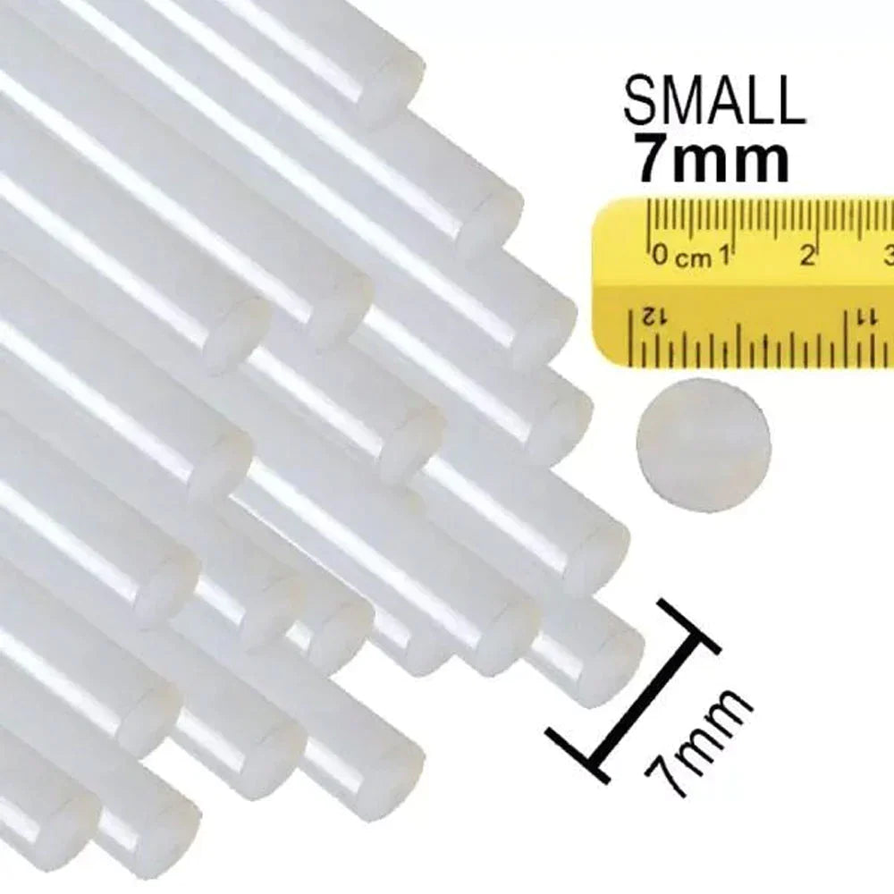 White Hot Glue Gun Sticks 7mm Length 8 to 10 Inch Approx - a bundle of white glue sticks next to a yellow ruler measuring 7mm diameter.
