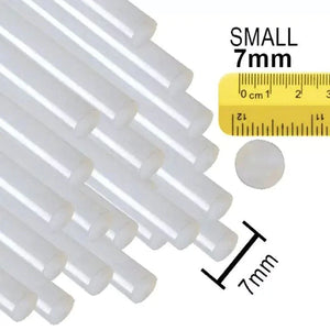 White Hot Glue Gun Sticks 7mm Length 8 to 10 Inch Approx - a bundle of white glue sticks next to a yellow ruler measuring 7mm diameter.