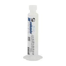 White Mechanic UV Curable 10CC Solder Mask Ink PCB Fixing Repairing Welding Oil Paint Prevent Corrosive Arcing - syringe containing repair oil with a screw-on cap and a wide base flange.