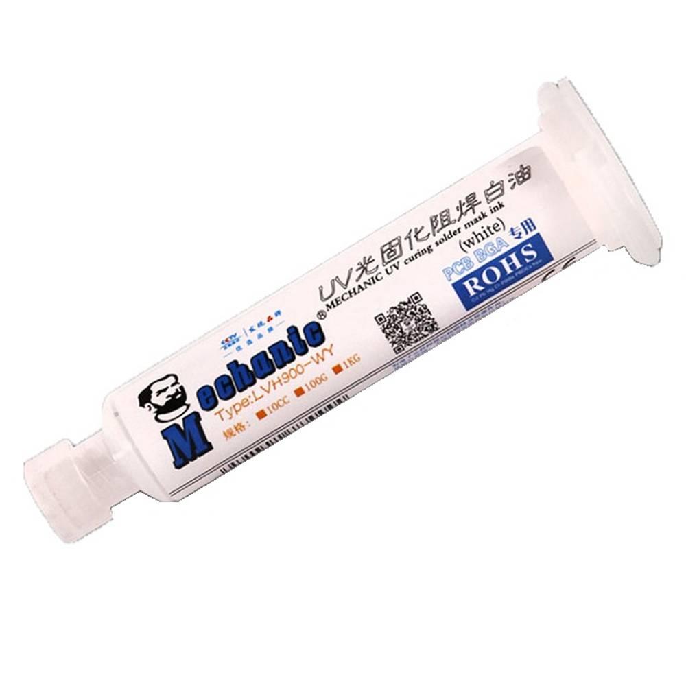 White Mechanic UV Curable 10CC Solder Mask Ink PCB Fixing Repairing Welding Oil Paint Prevent Corrosive Arcing - syringe tube with a printed label featuring the brand logo, product type, and a QR code.