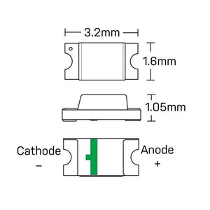 White SMD 1206 LED Super Bright Light Emitting Diode - the component's top, side, and bottom views with dimensions in millimeters.