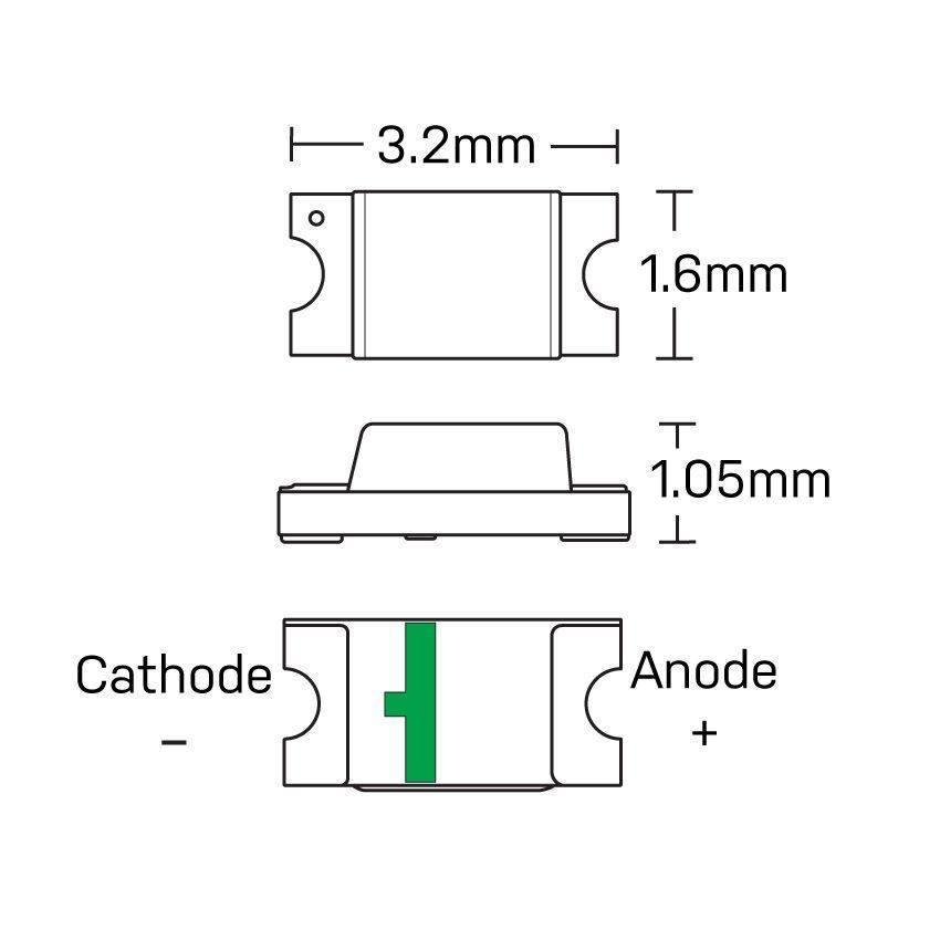 White SMD 1206 LED Super Bright Light Emitting Diode - the component's top, side, and bottom views with dimensions in millimeters.