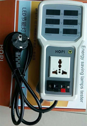 Wholesale HOPI HP-9800 Handheld Power Meter | Power Analyzer & LED Tester | Digilog.pk - a grey handheld device with six digital display windows, a universal power socket, and a black power cord on its original box.
